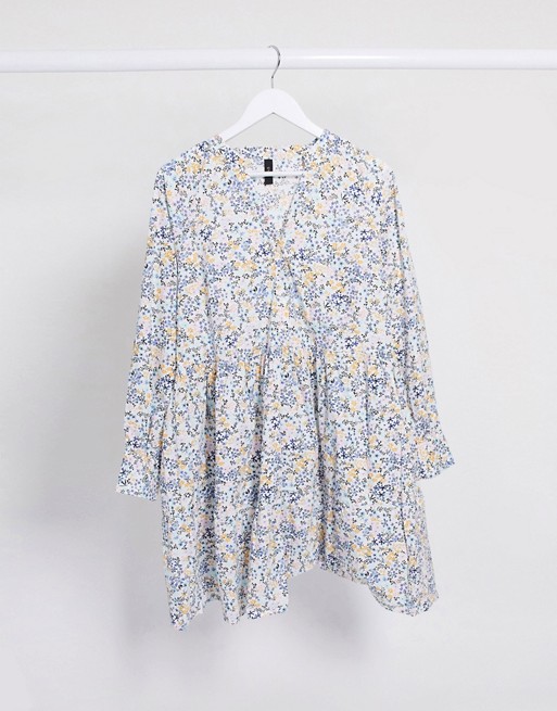 Y.A.S smock dress with long sleeves in white ditsy floral