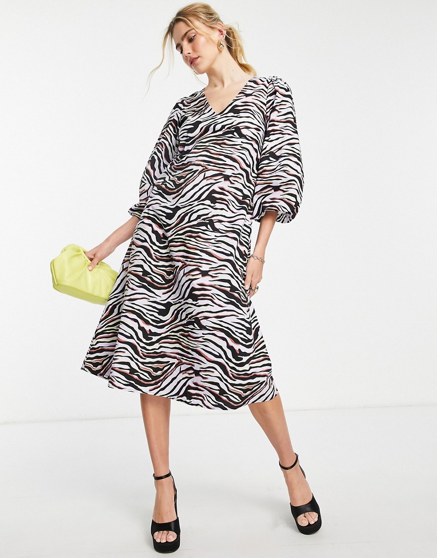 Y.A.S smock midi dress in zebra print-Multi
