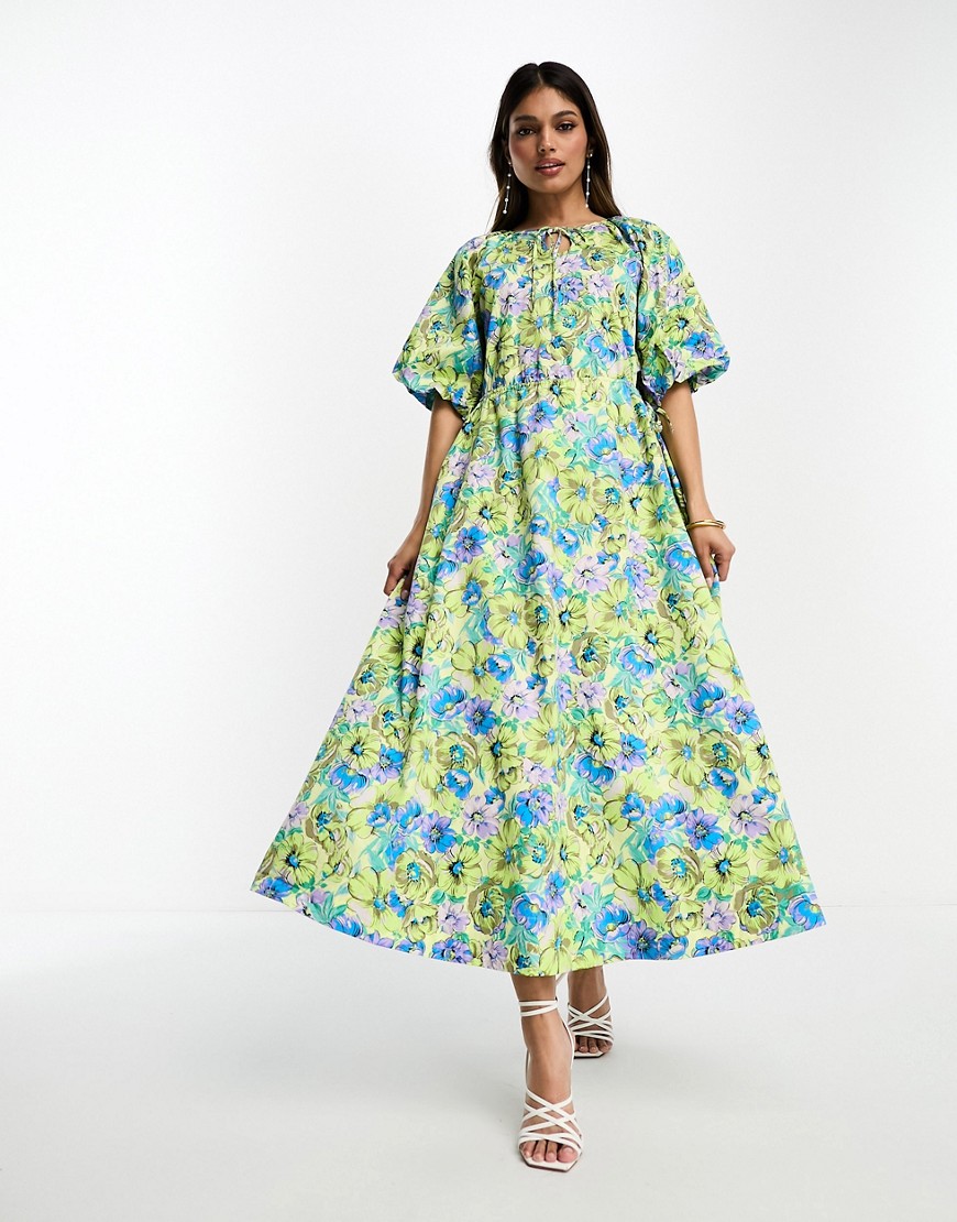 Y. A.S smock midi dress with cut out side details in floral print-Multi