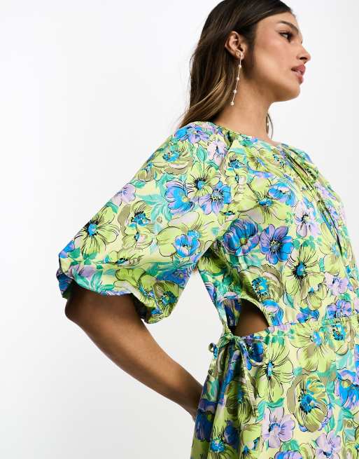 Y.A.S smock midi dress with cut out side details in floral print, 2 of 4