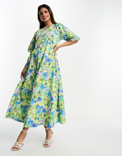 Y.A.S smock midi dress with cut out side details in floral print, 3 of 4