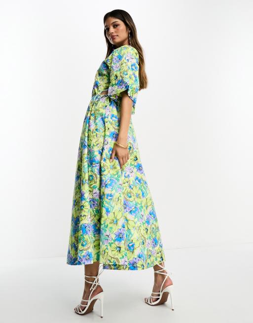 Y.A.S smock midi dress with cut out side details in floral print, 4 of 4