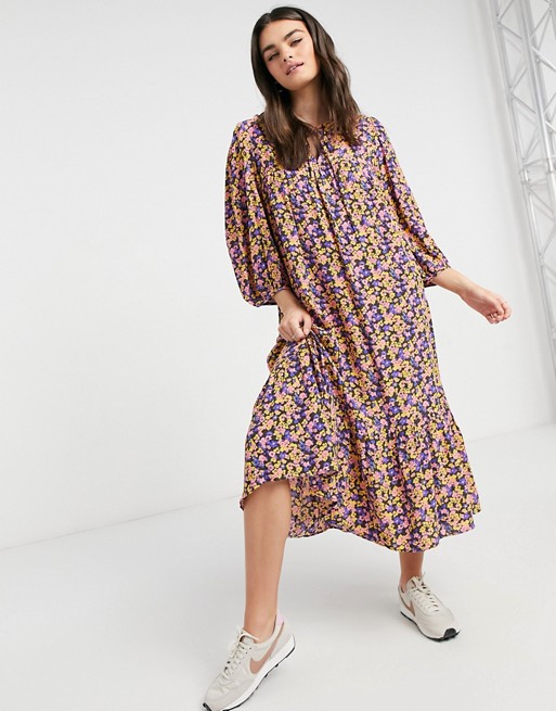 Y.A.S smock midi dress with tie neck in bright floral print