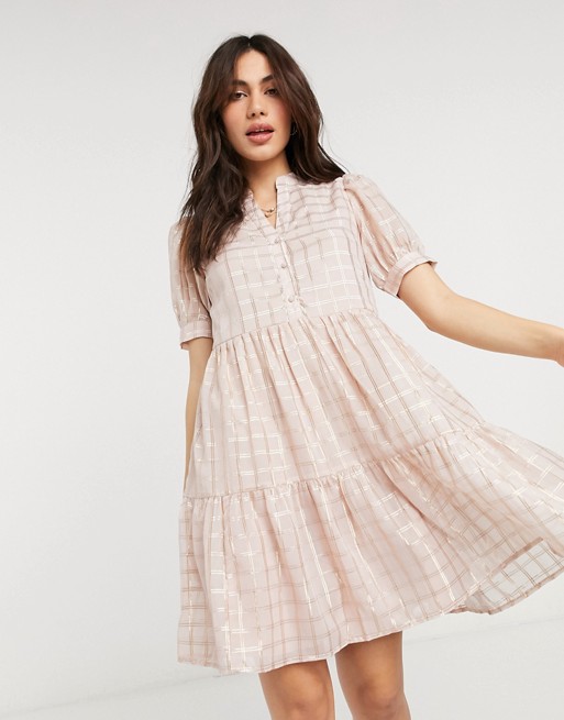 Y.A.S smock mini dress in metallic pink check