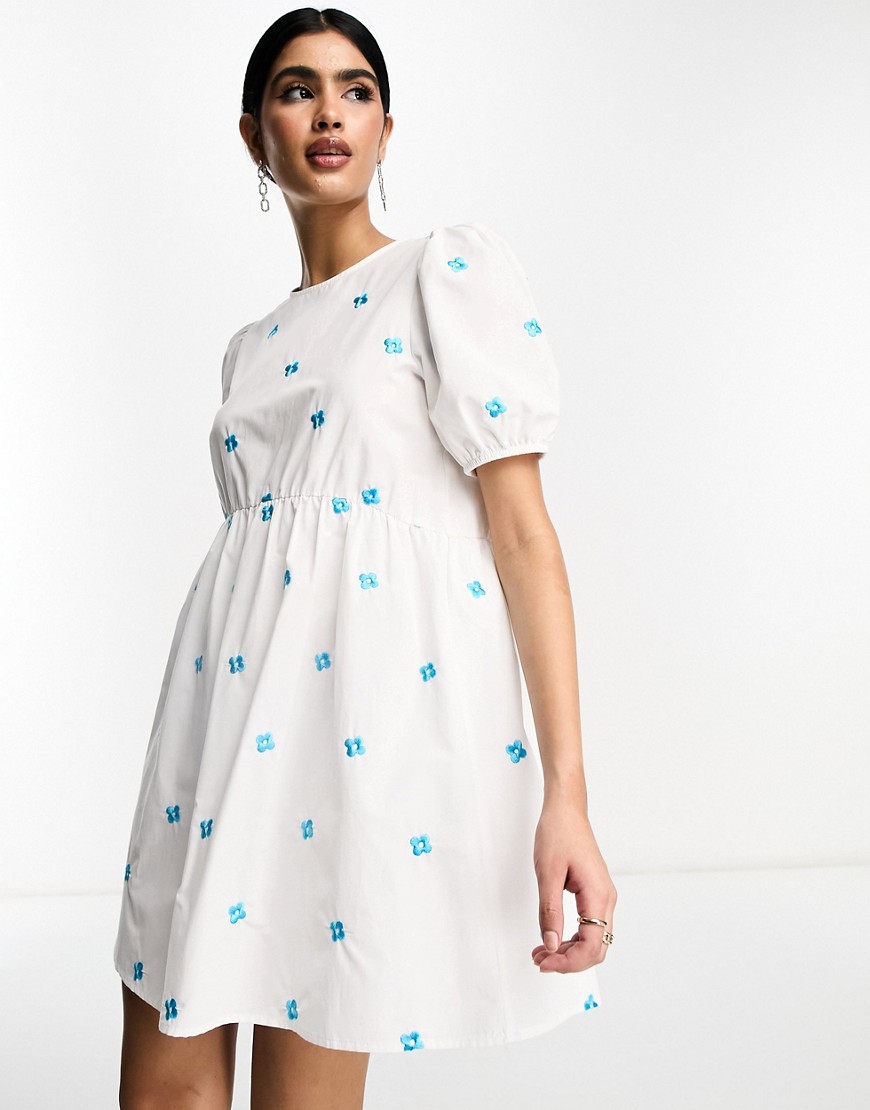 Y.a.s. Smock Mini Dress With Embroidered Blue Flowers In White
