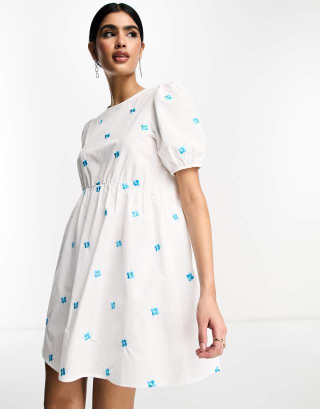 Y.A.S - smock mini dress with embroidered blue flowers in white