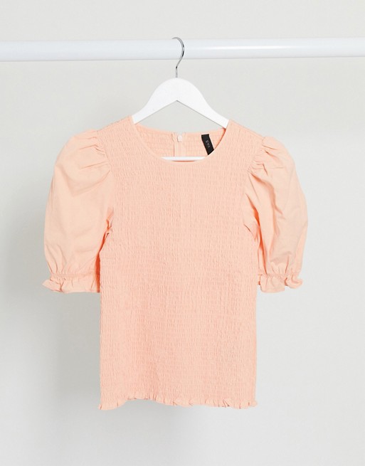 Y.A.S shirred top with puff sleeves in peach