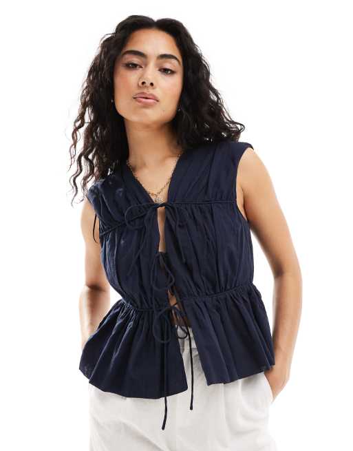  YAS smocked tie front sleeveless blouse in navy - MBLUE