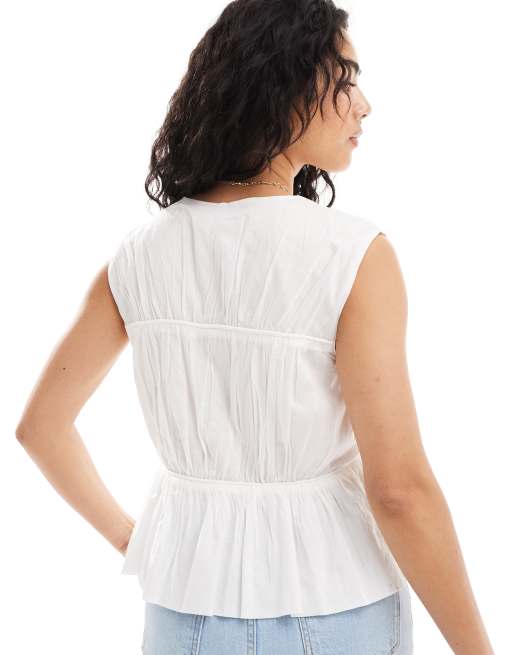 YAS smocked tie front sleeveless blouse in white - WHITE, 4 of 4