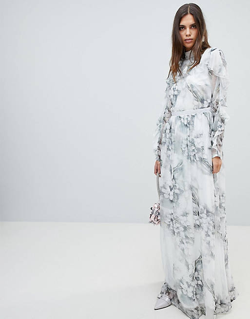 Y.A.S Soft Floral Maxi Dress With Ruffle Sleeves