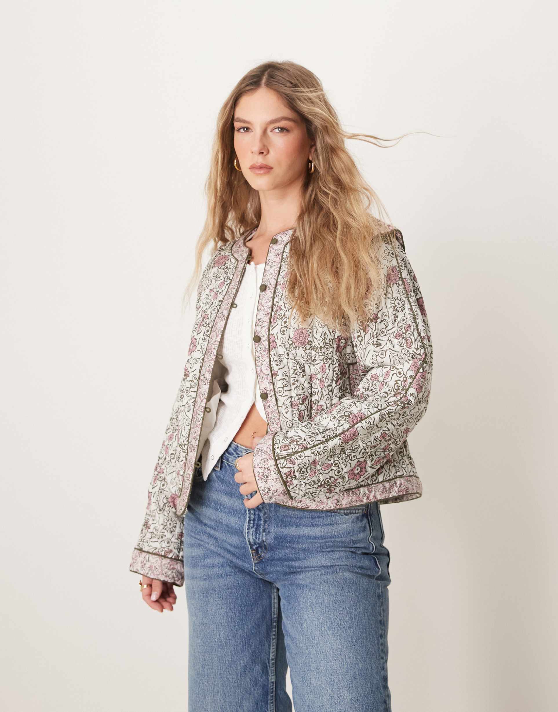 yas soft quilted jacket in cream and pink floral print