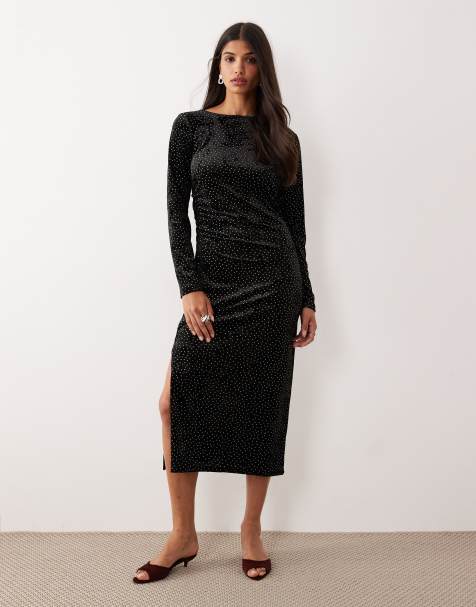 YAS - Sort midikjole med rynkedetaljer i velour - view 1