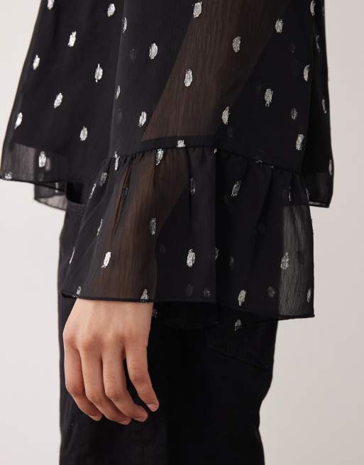 YAS - Sort top med sølvfarvet folieprint i chiffon, 3 af 4