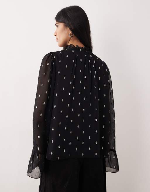 YAS - Sort top med sølvfarvet folieprint i chiffon, 4 af 4