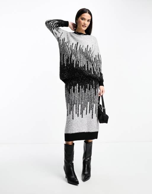 Y.A.S sparkly ombre knitted midi skirt in silver and black (part of a set)