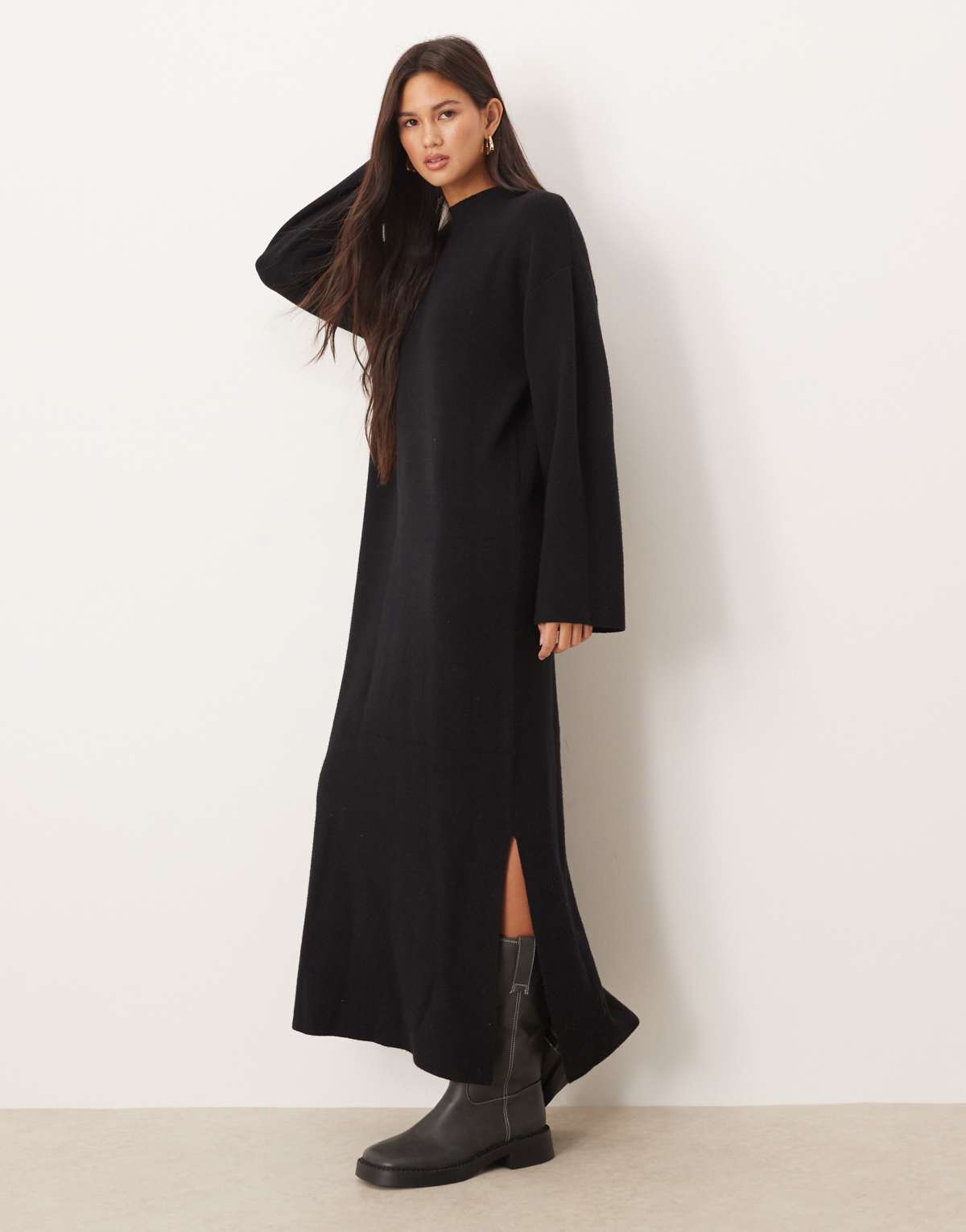 YAS stand neck knitted maxi dress in black