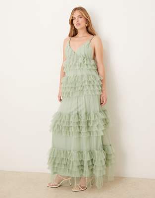 YAS statement tiered tulle maxi dress in sage green - view 1