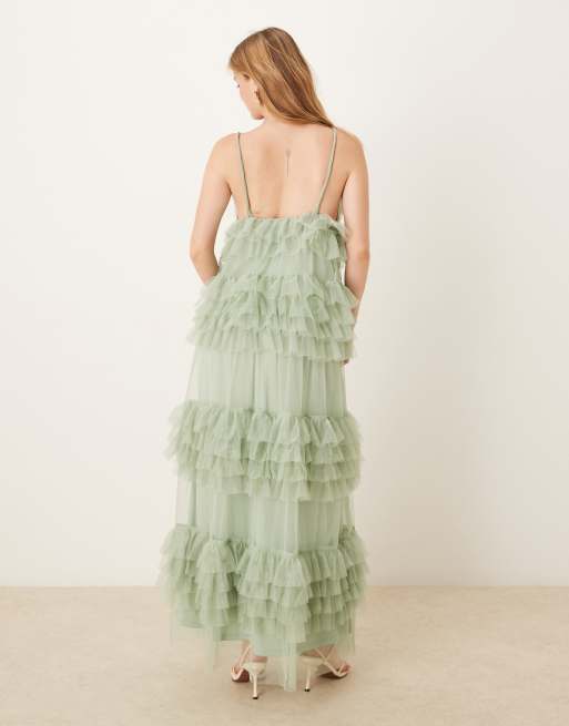 YAS statement tiered tulle maxi dress in sage green | ASOS