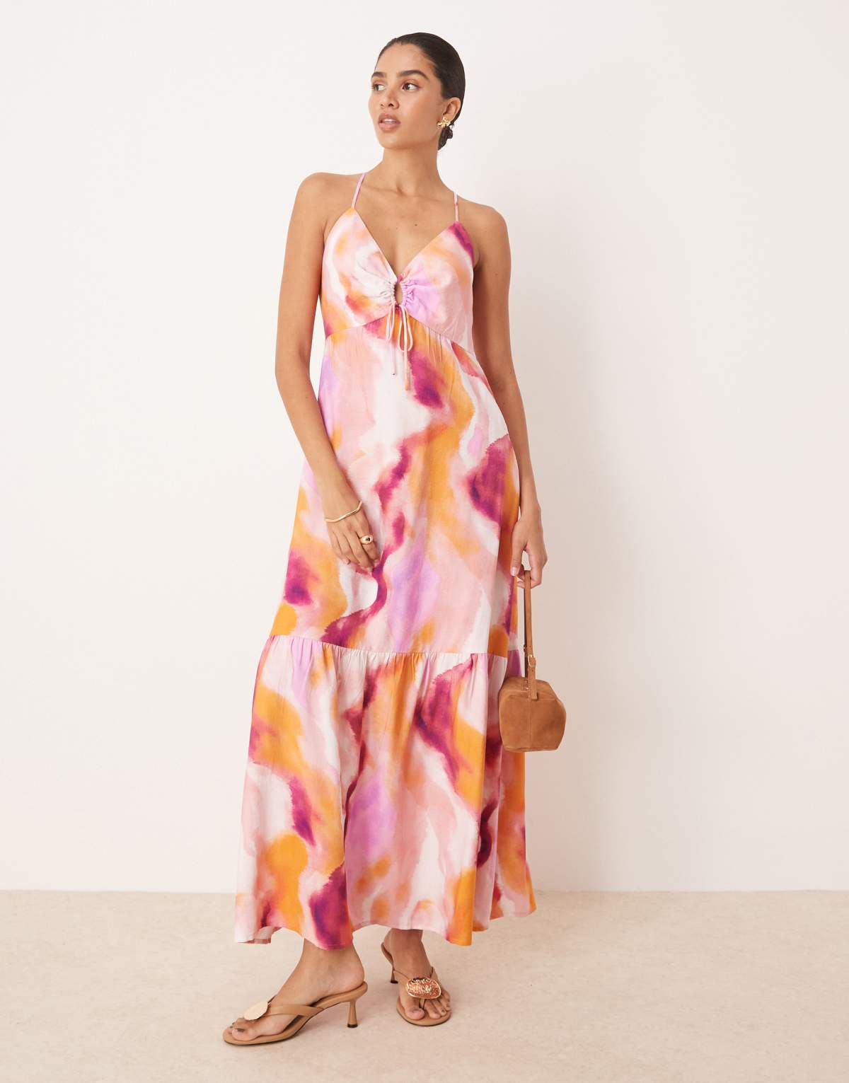 YAS strap detail maxi dress in pink blur print