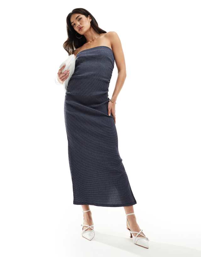 Y.A.S - stretch textured denim look beandeau maxi dress in dark blue