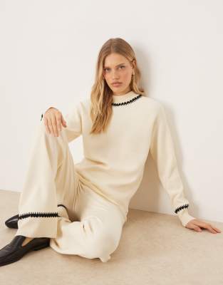 Strick-Pullover in Creme mit kontrastierendem Besatz, Kombiteil-Weiß Weiß M