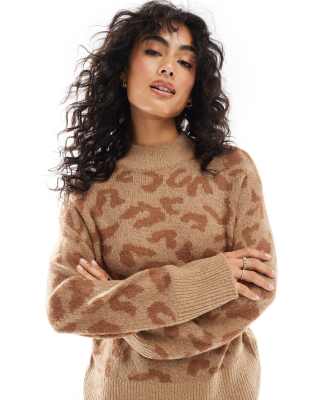 YAS - Strickpullover in Braun mit farblich abgestimmtem Leopardenmuster, Kombiteil-Neutral