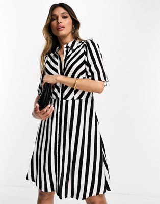 Y.A.S stripe mini shirt dress in black & white