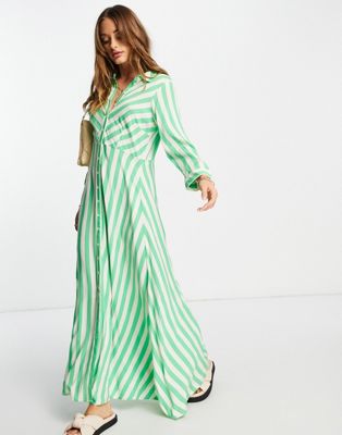 Y.A.S striped maxi shirt dress in green