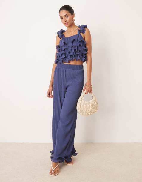 YAS structured frill top and trousers set in deep blue - view 1