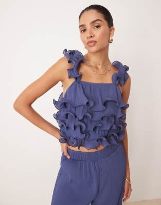 YAS structured frill top co-ord in deep blue