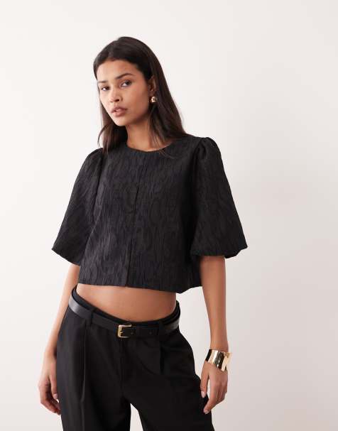 YAS structured puff sleeve jacquard top in black - view 1