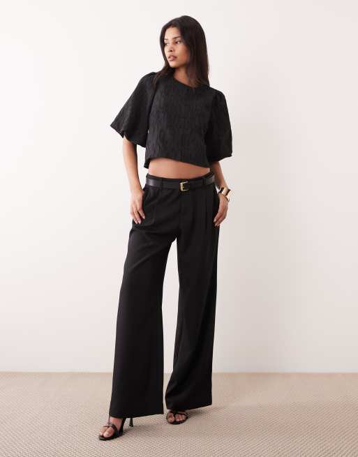 YAS structured puff sleeve jacquard top in black, 2 of 4