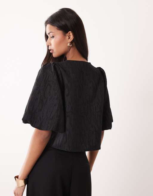 YAS structured puff sleeve jaquard top in black, 3 of 4