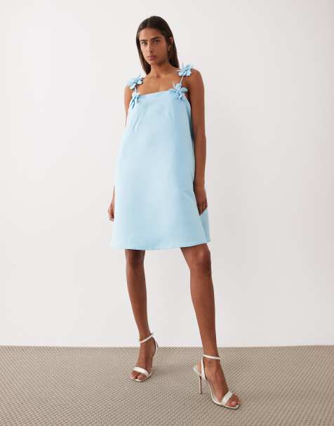 YAS structured satin mini dress with floral appliqué straps in pale blue - view 1