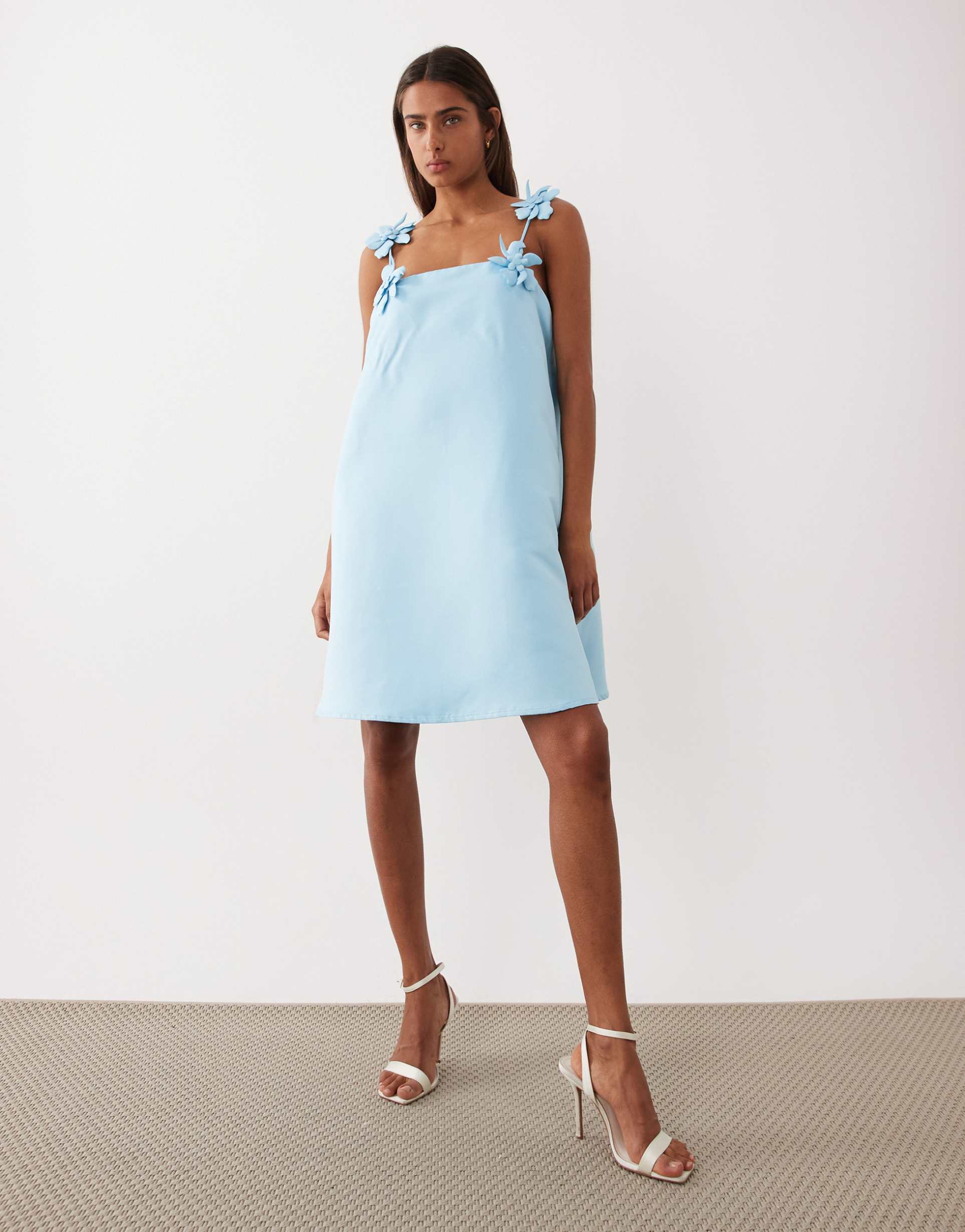 yas structured satin mini dress with floral appliqué straps in pale blue