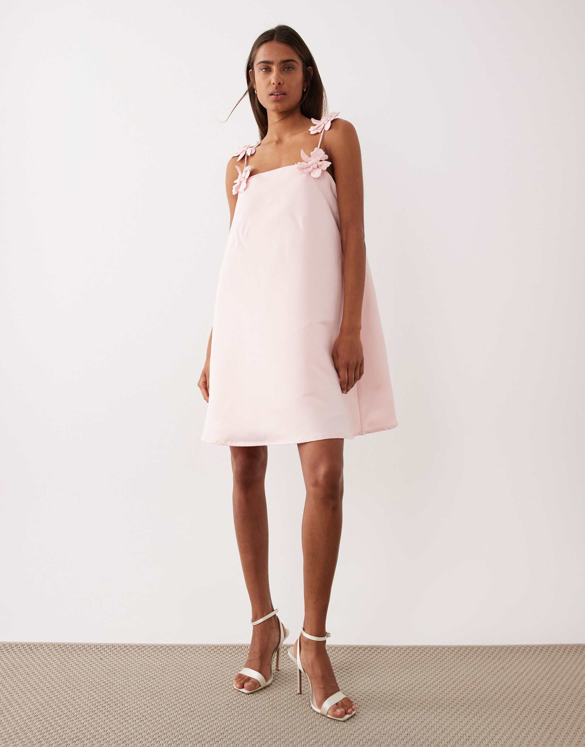 yas structured satin mini dress with floral appliqué straps in rose pink