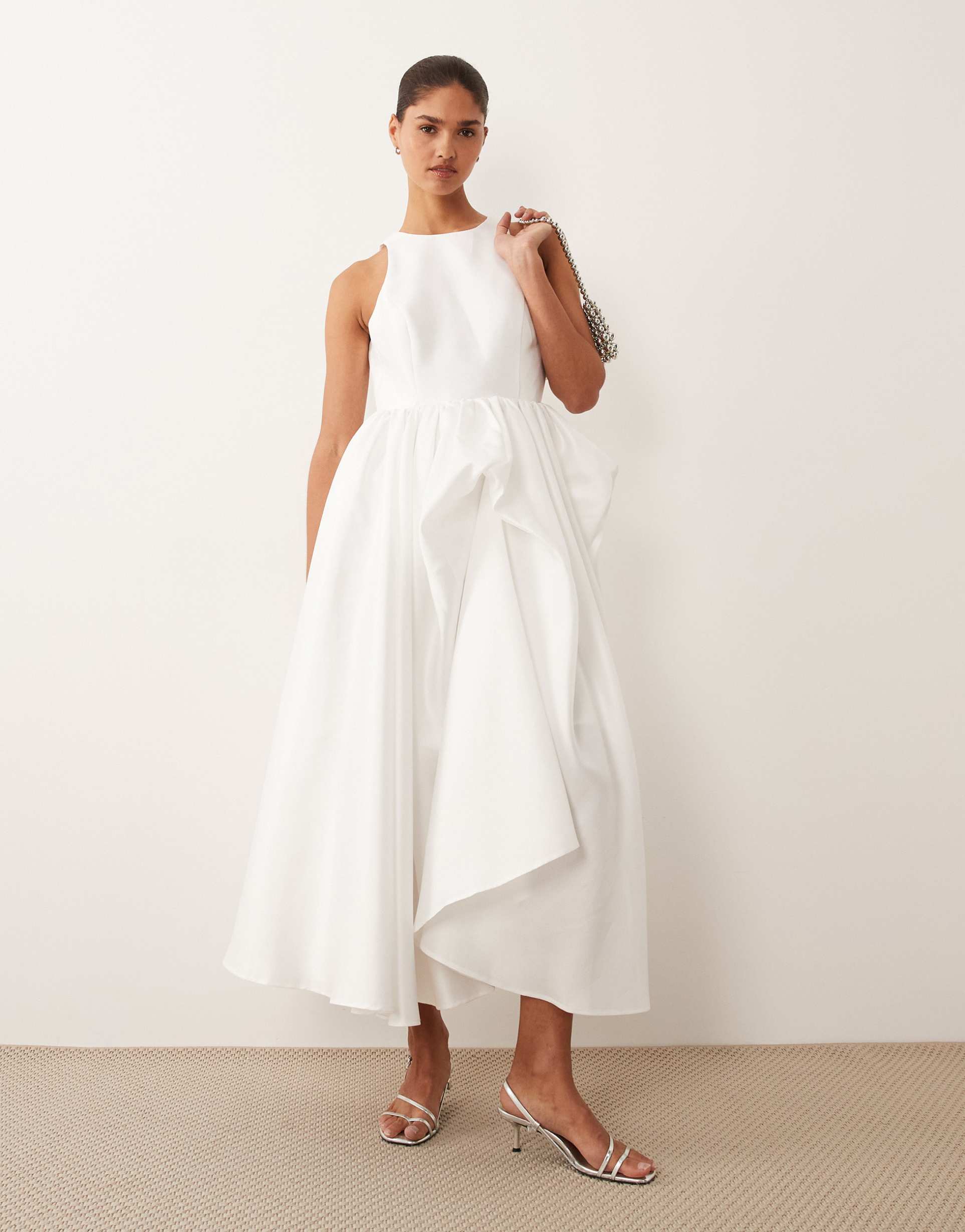 yas structured taffeta pleated maxi dress in gardenia white