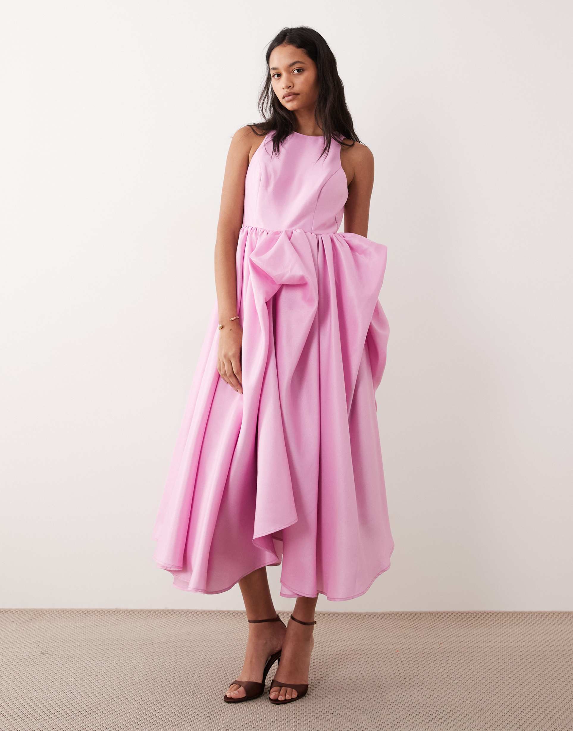 yas structured taffeta pleated maxi dress in pink frosting