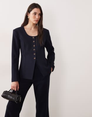 YAS - Strukturierter, eleganter Blazer in Marineblau mit eckigem Ausschnitt, Kombiteil