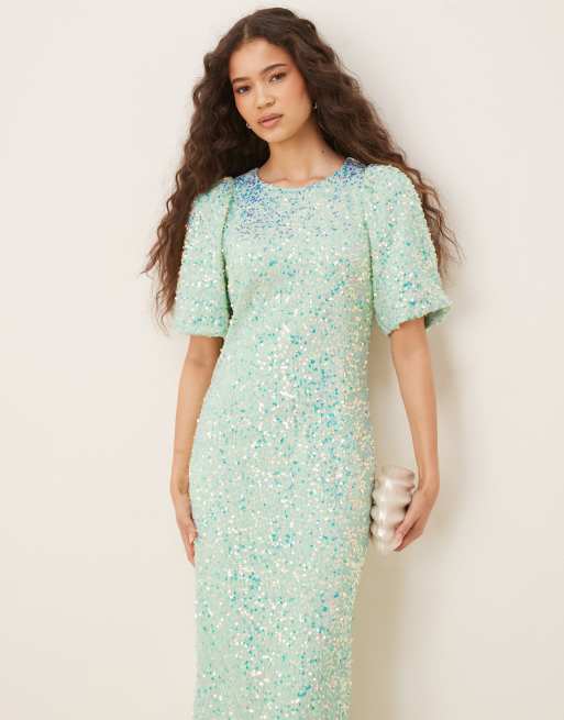 YAS – Strukturiertes Midaxi-Freizeitkleid in Nebelgrün mit schillernden Pailletten, 4 von 4