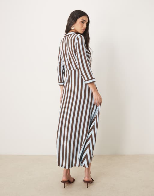 YAS – Sukienka koszulowa maxi w brązowo-niebieskie paski, 3 z 4