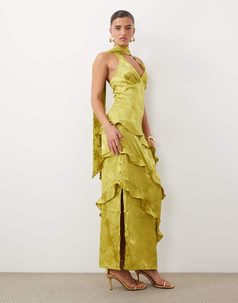 YAS sukienka maxi z dekoltem halter, żakardowa, z falbaną, w kolorze moss green - view 1