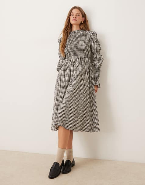 YAS long sleeve shirred midi dress in beige check