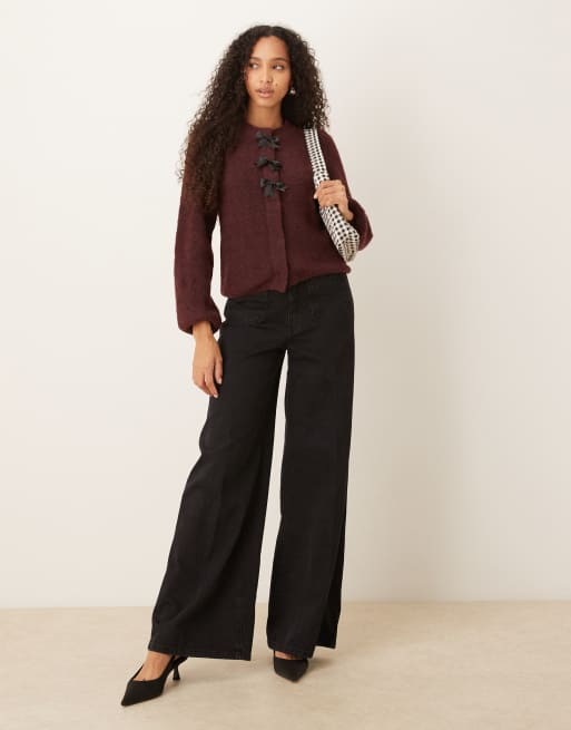 YAS super soft bow detail cardigan with wool in burgundy, 4 of 4