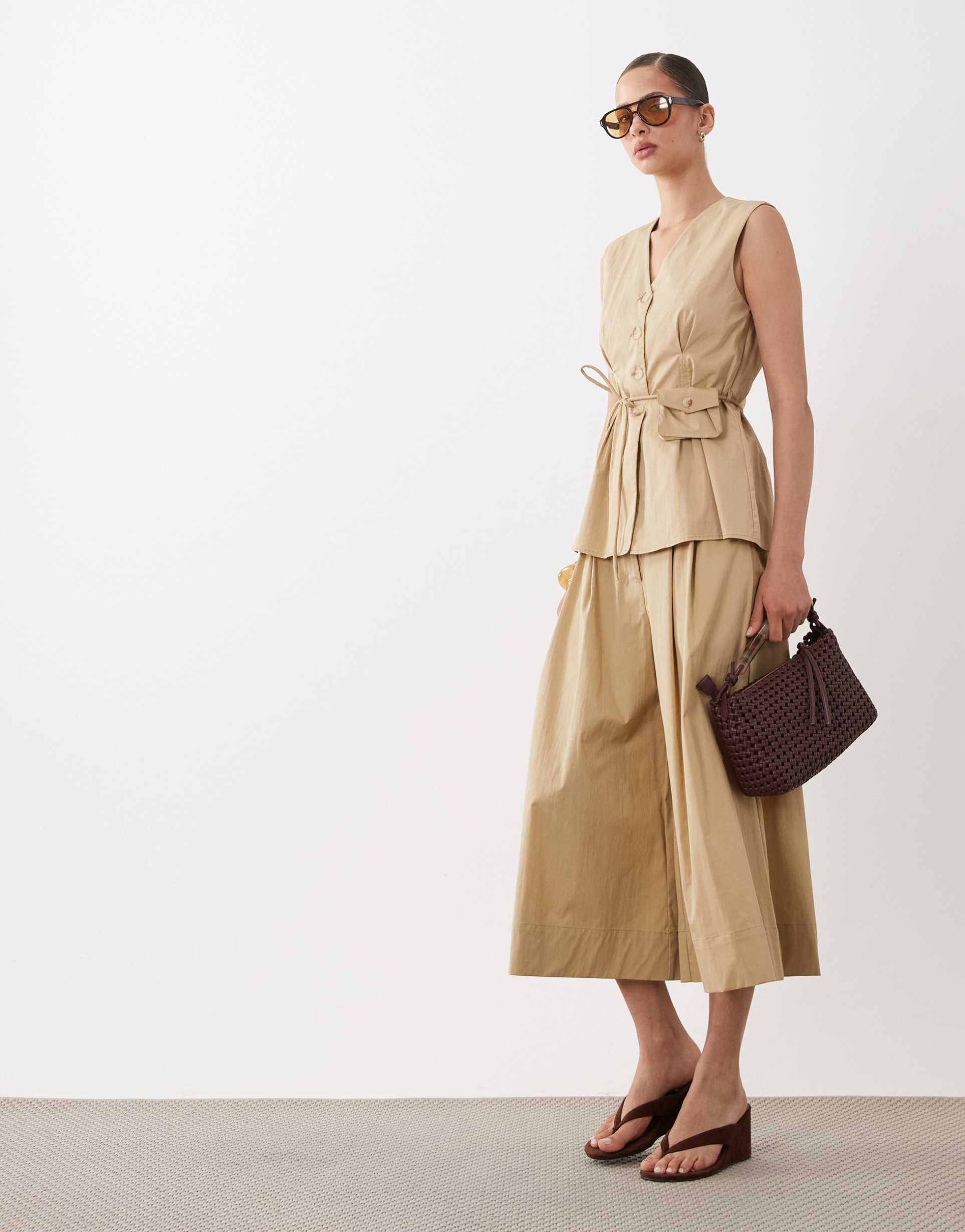 yas super wide leg pleated tailored pants in camel - part of a set