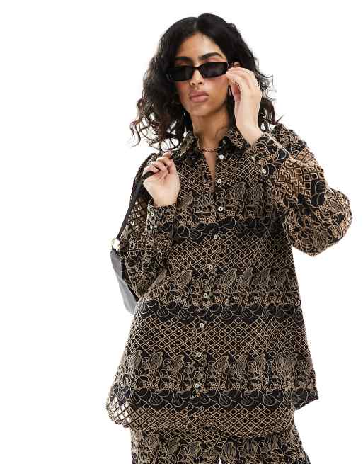 Y.A.S – Svart och beige skjorta i oversize med broderi, del av set
