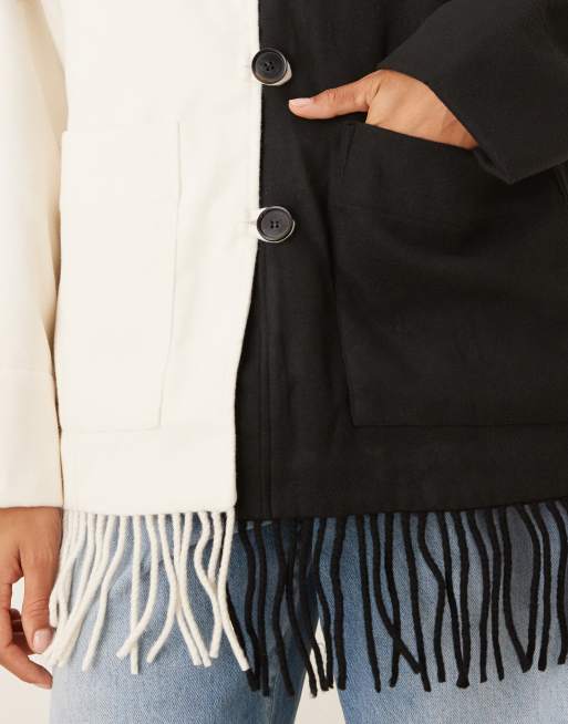 YAS – Svart och krämvit jacka med kontrastdesign och fransfåll, 2 av 4