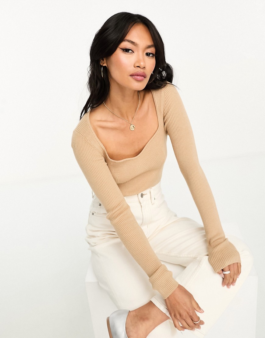 Y. A.S sweetheart neck knitted top in beige-Neutral
