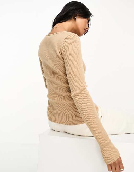 Y.A.S sweetheart neck knitted top in beige