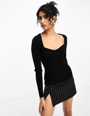 YAS Y.A.S sweetheart neck knitted top in black